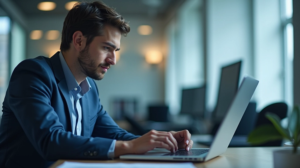 Person reviewing performance metrics on laptop screen in modern office setting