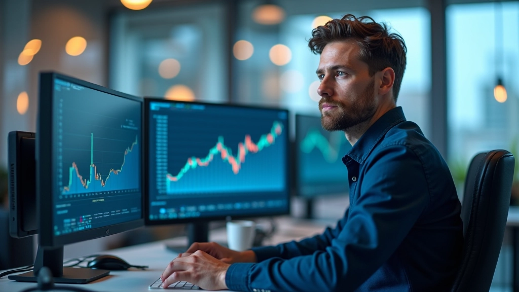 Data scientist working at desk with multiple monitors showing financial datasets and Python code for data preprocessing