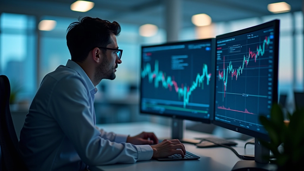 Professional photo of data scientist at workstation with multiple monitors showing time series graphs and neural network training visualization