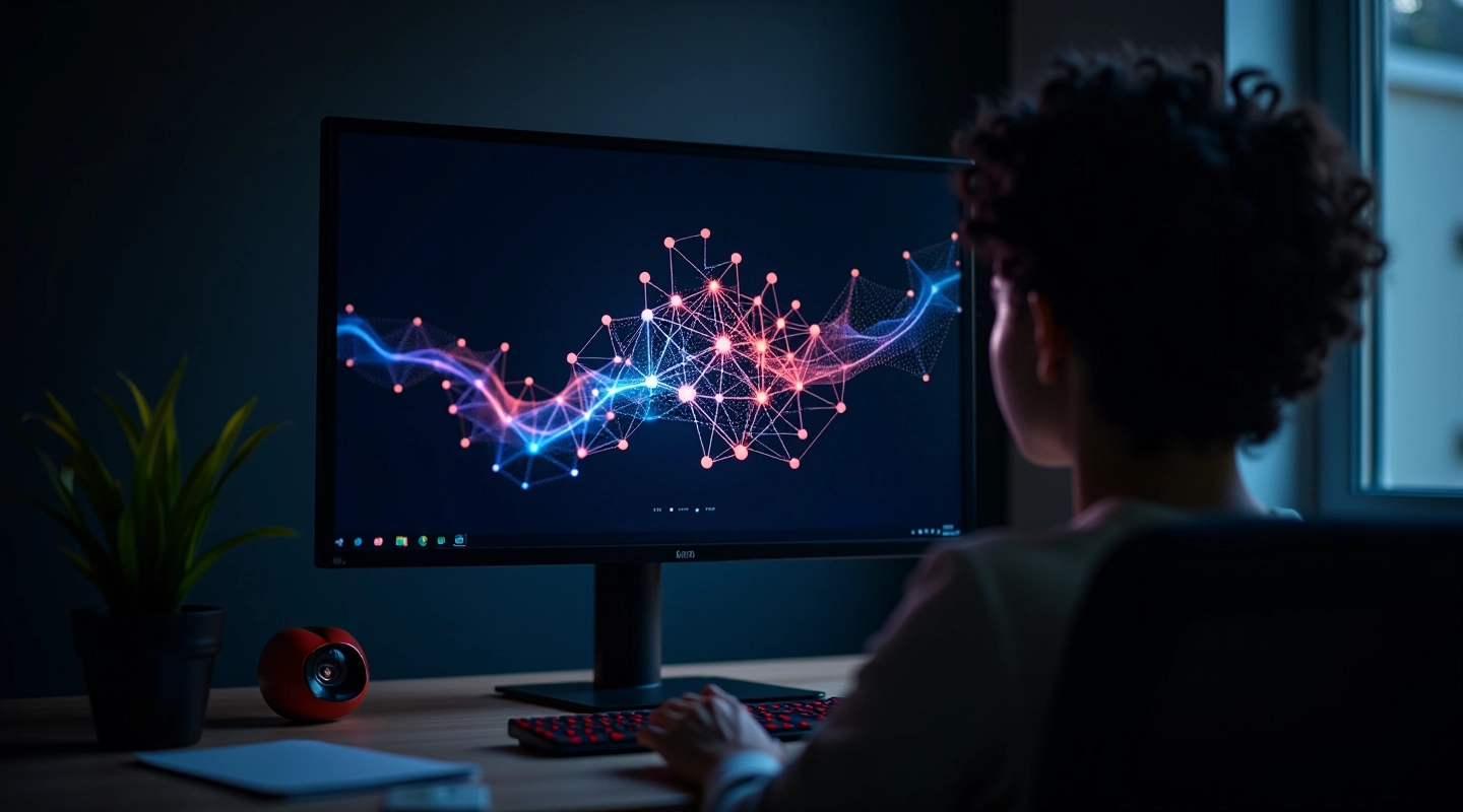 Computer screen displaying neural network architecture diagram with connected nodes and data flow visualization