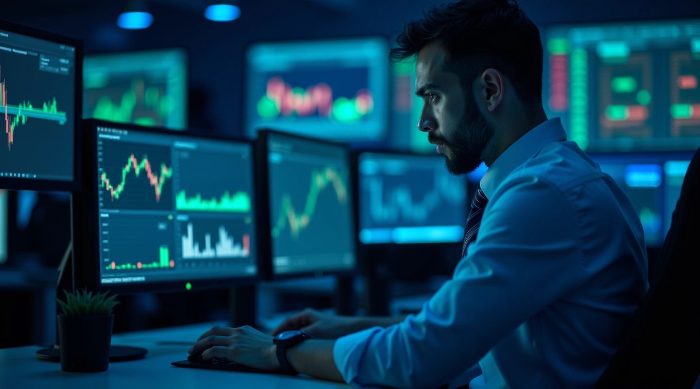 Advanced financial forecasting workspace with multiple monitors